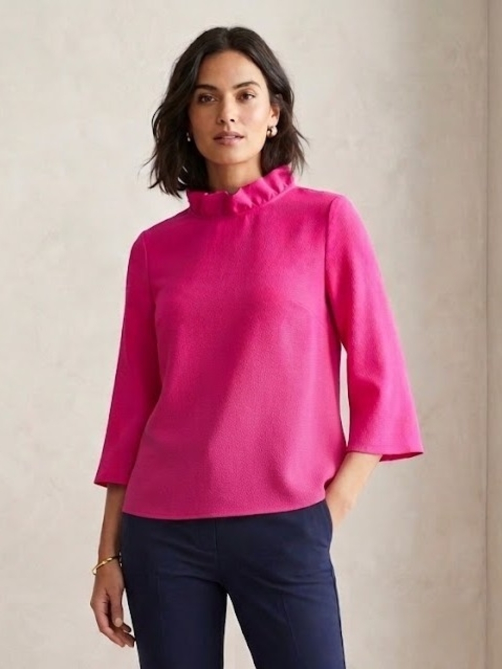 Pomander Place Faye Hot Pink Ruffle Mock Neck Blouse